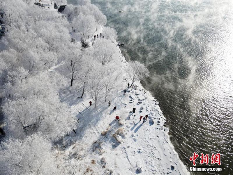航拍松花江岸雾凇：玉树琼枝犹若仙境