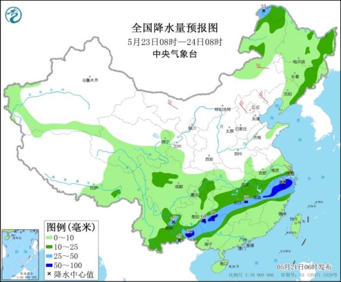 全国降水量预报图(5月23日08时-24日08时) 点击进入下一页