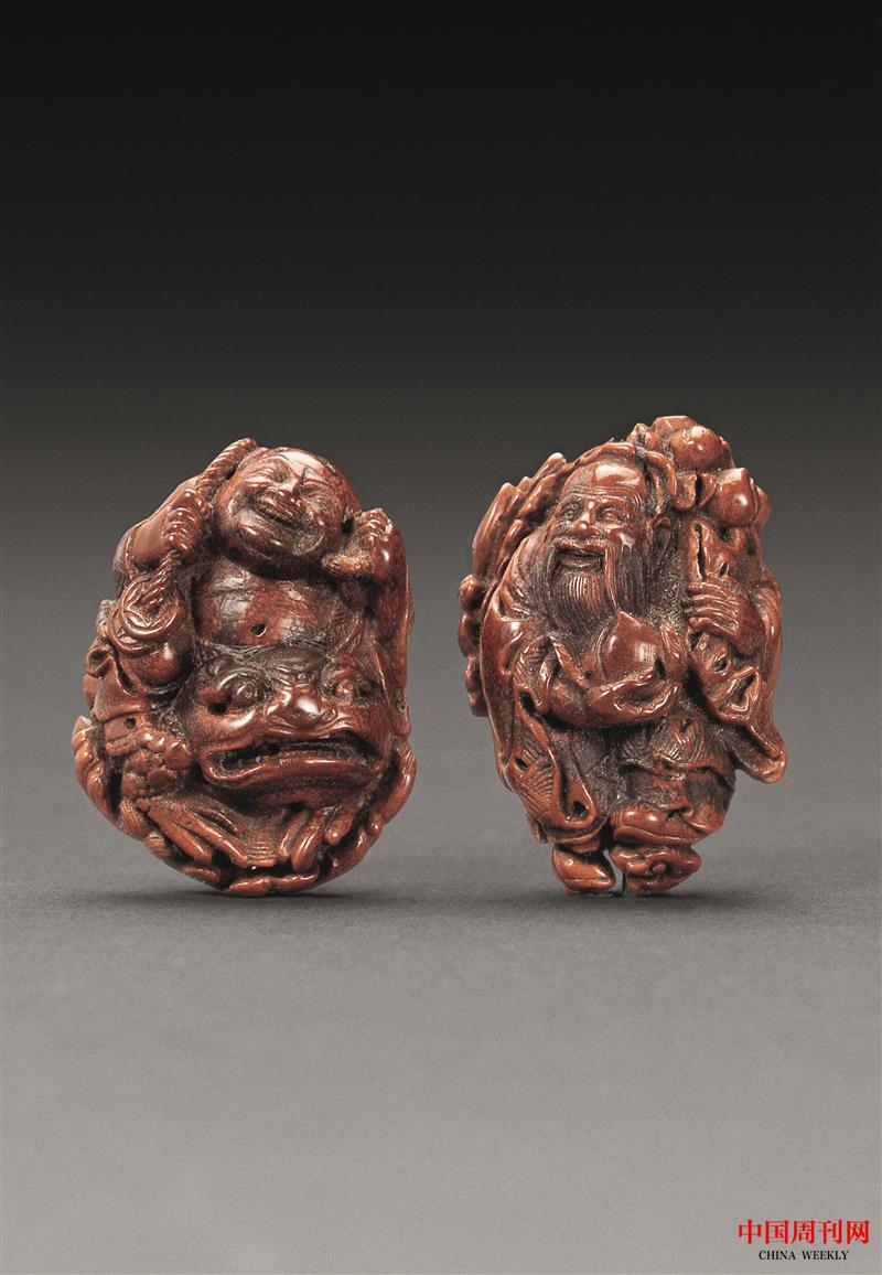 清中期 核雕东方朔偷桃、刘海戏金蟾坠.jpg